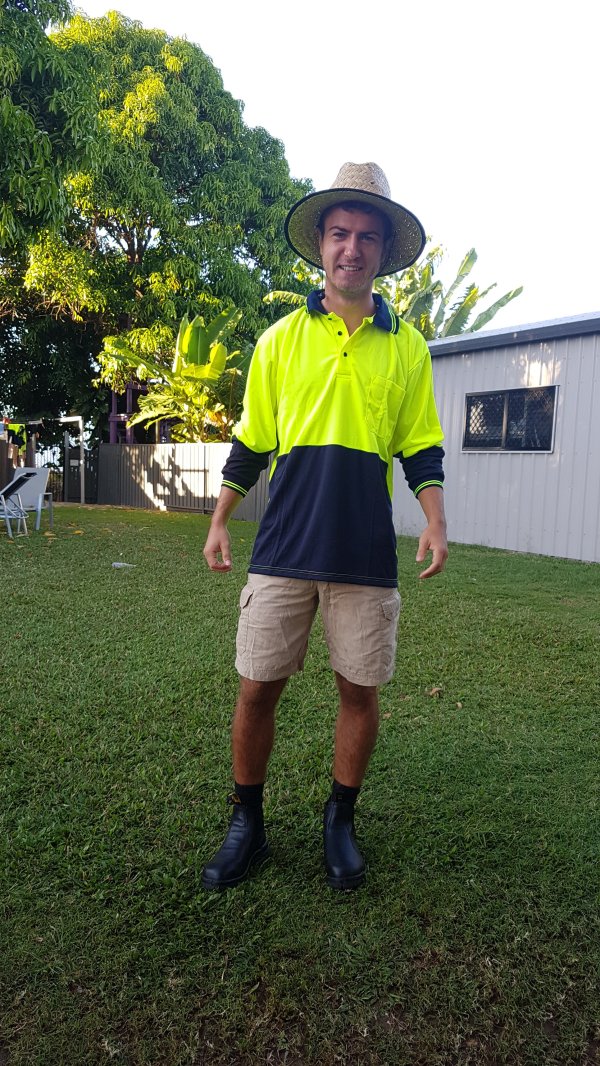 Calum in his farm attire ready for his first day