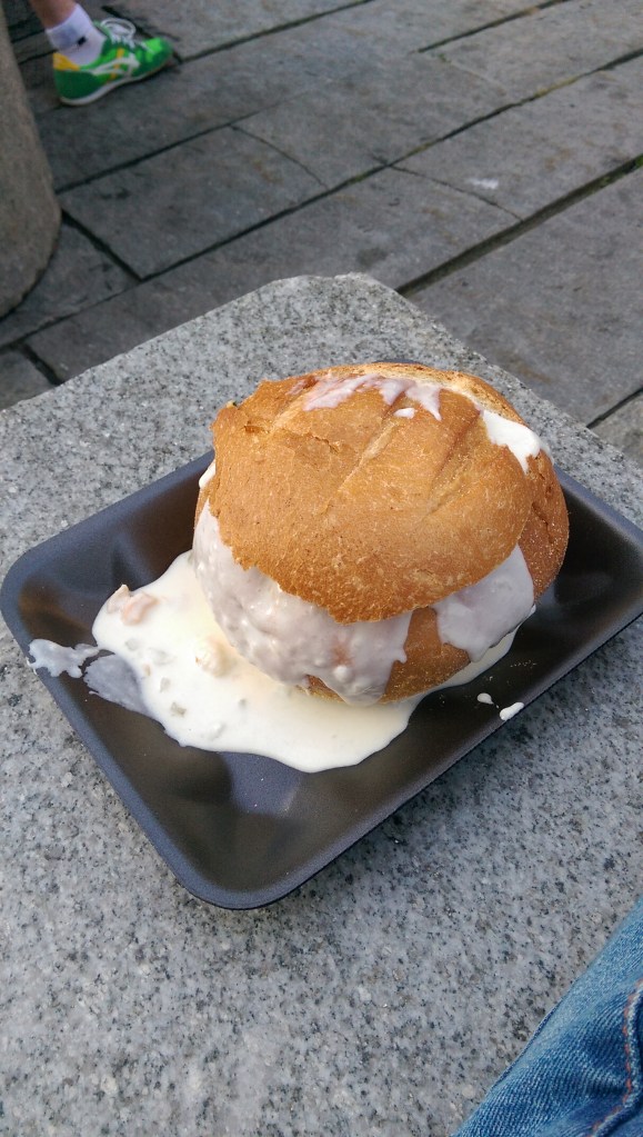 Famous clam chowder in a bread roll, Boston