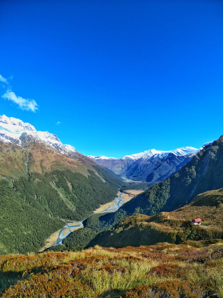 Liverpool hut and view of Vatukituki Valley below