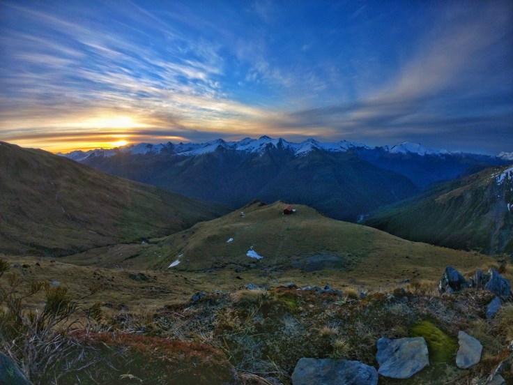 Brewster Hut at Sunset over looking the Southern Alps