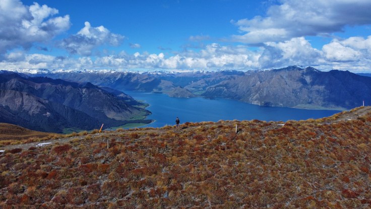 Lake Hawea from a drone with person standing on a ridgeline at Mt Isthmus