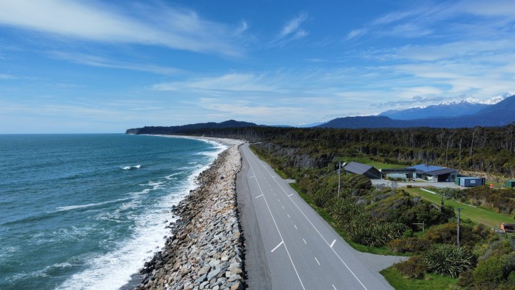 West Coast, Coastal Road from the air with mountains in the background