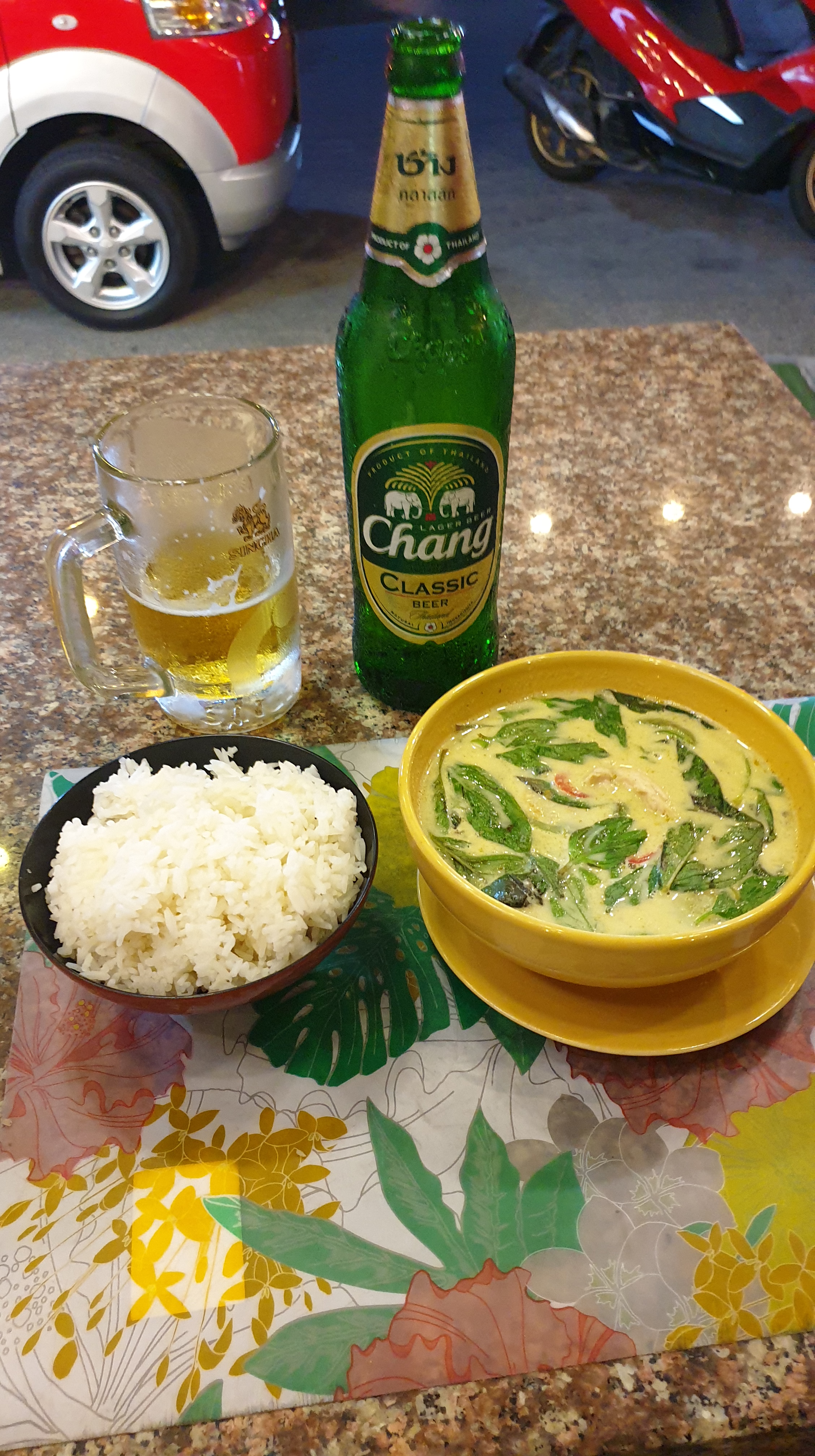 Chang Beer with Thai Green Curry