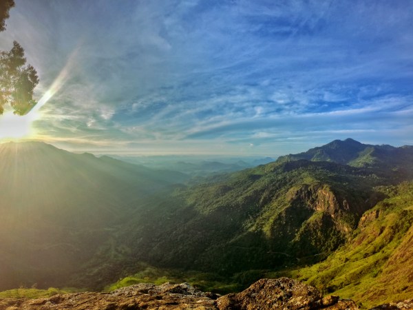 Panoramic sunrise at Ella Rock down into the valley