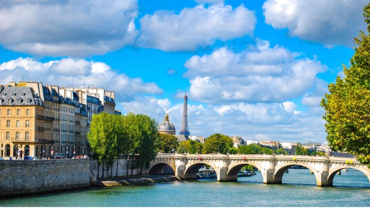 River Seine with bridge in foreground Eiffel Tower in the background