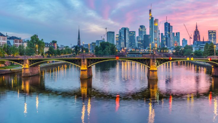 View of Frankfurt CBD from afar at sunset