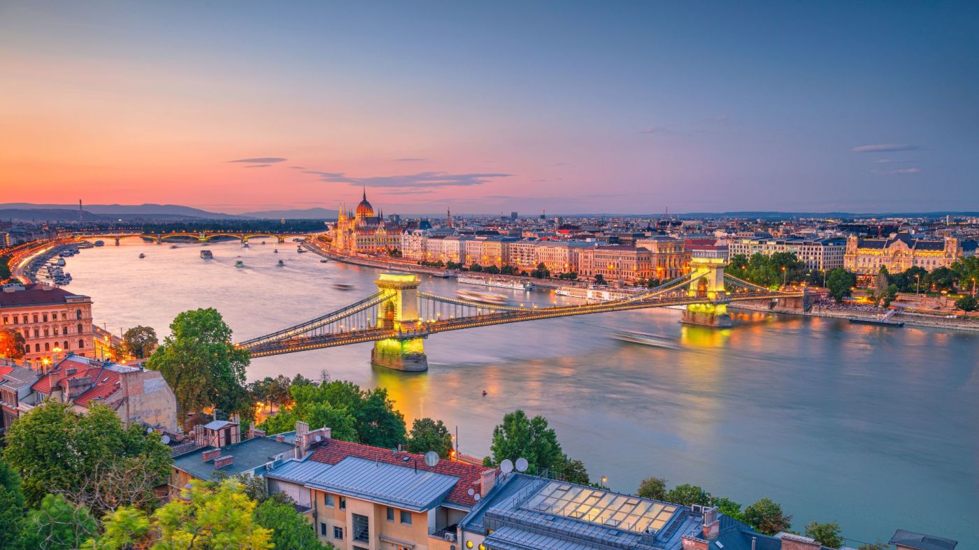 Széchenyi Chain Bridge and River Danube captured at dusk