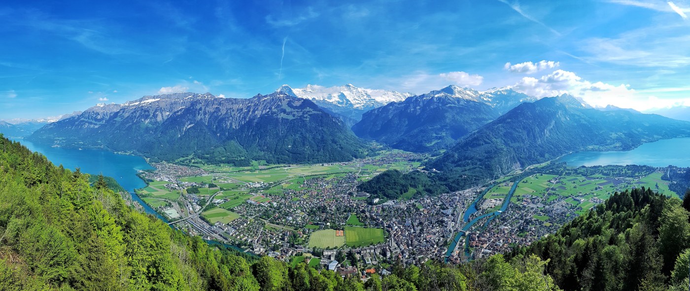Panoramic view from the Harder Kulm, interlaken set between two lakes and a mountainous backdrop