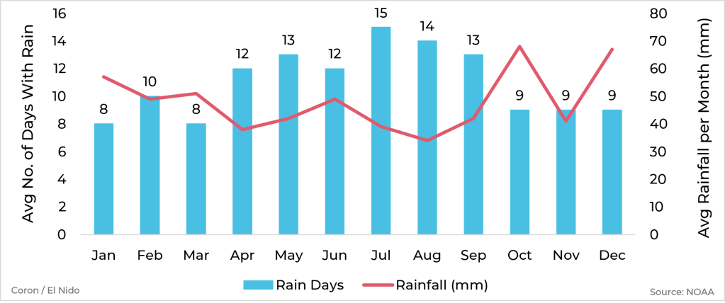 Graph showing average rainfall and days with rain by month for Coron & El Nido, Philippines