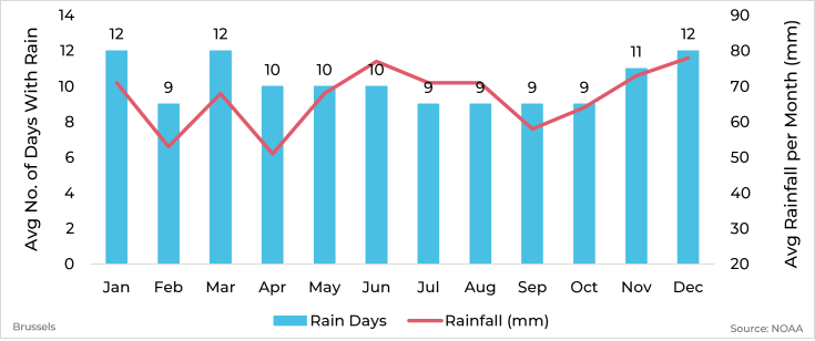 Graph showing average rainfall and days with rain by month for Brussels, Belgium