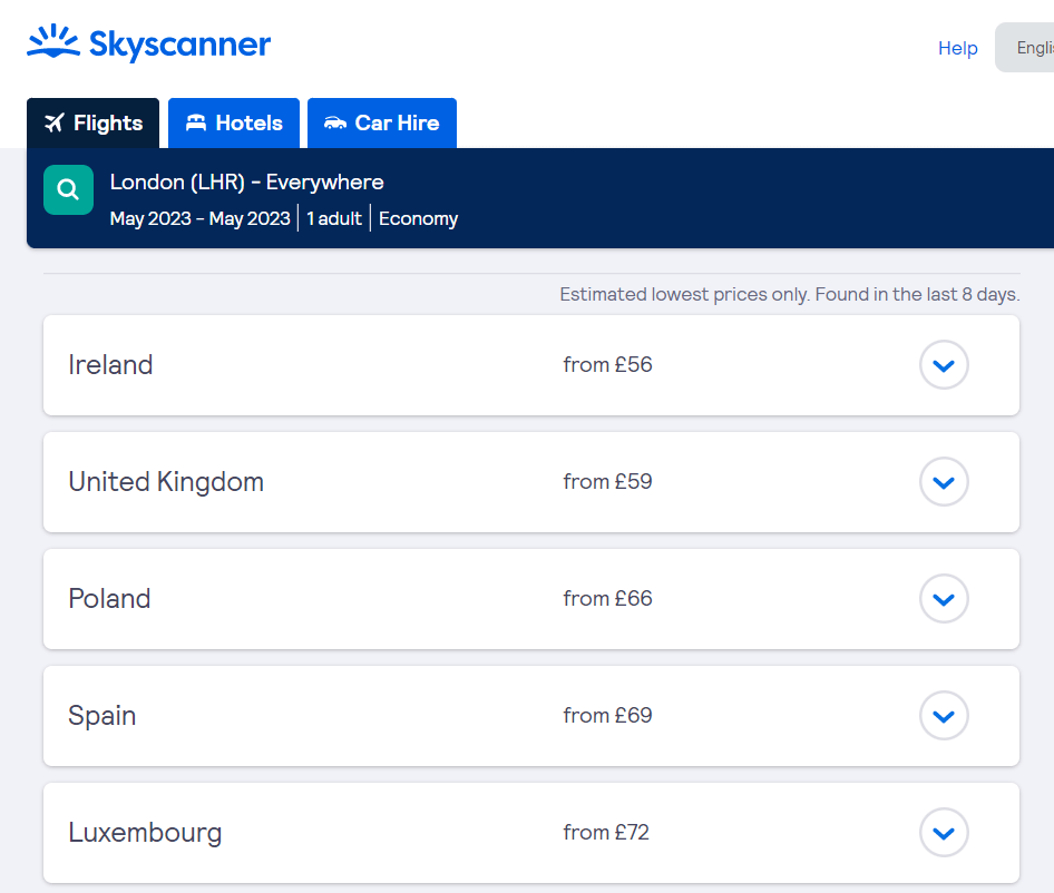 List of results from Sky scanners search everywhere tool. 