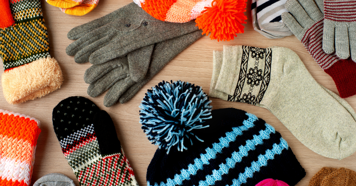 Selection of warm hats, gloves and socks